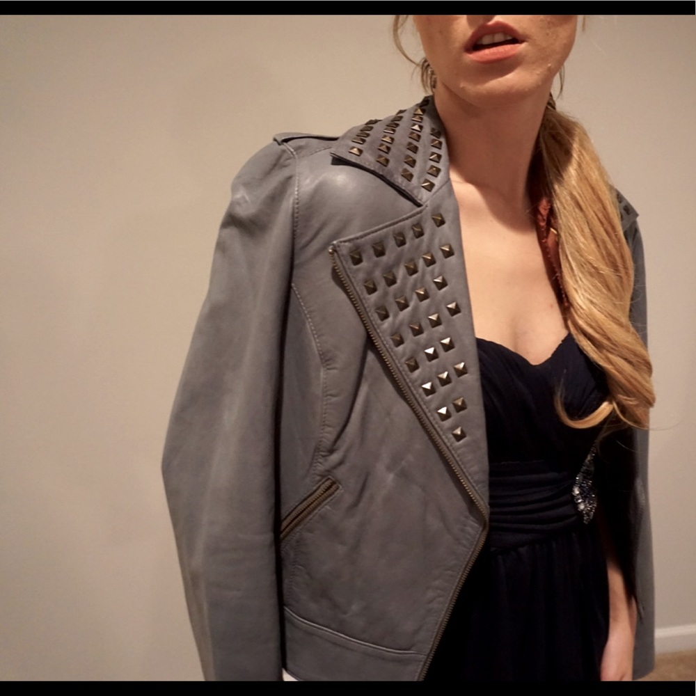 Sky Blue Studded Leather Moto Jacket